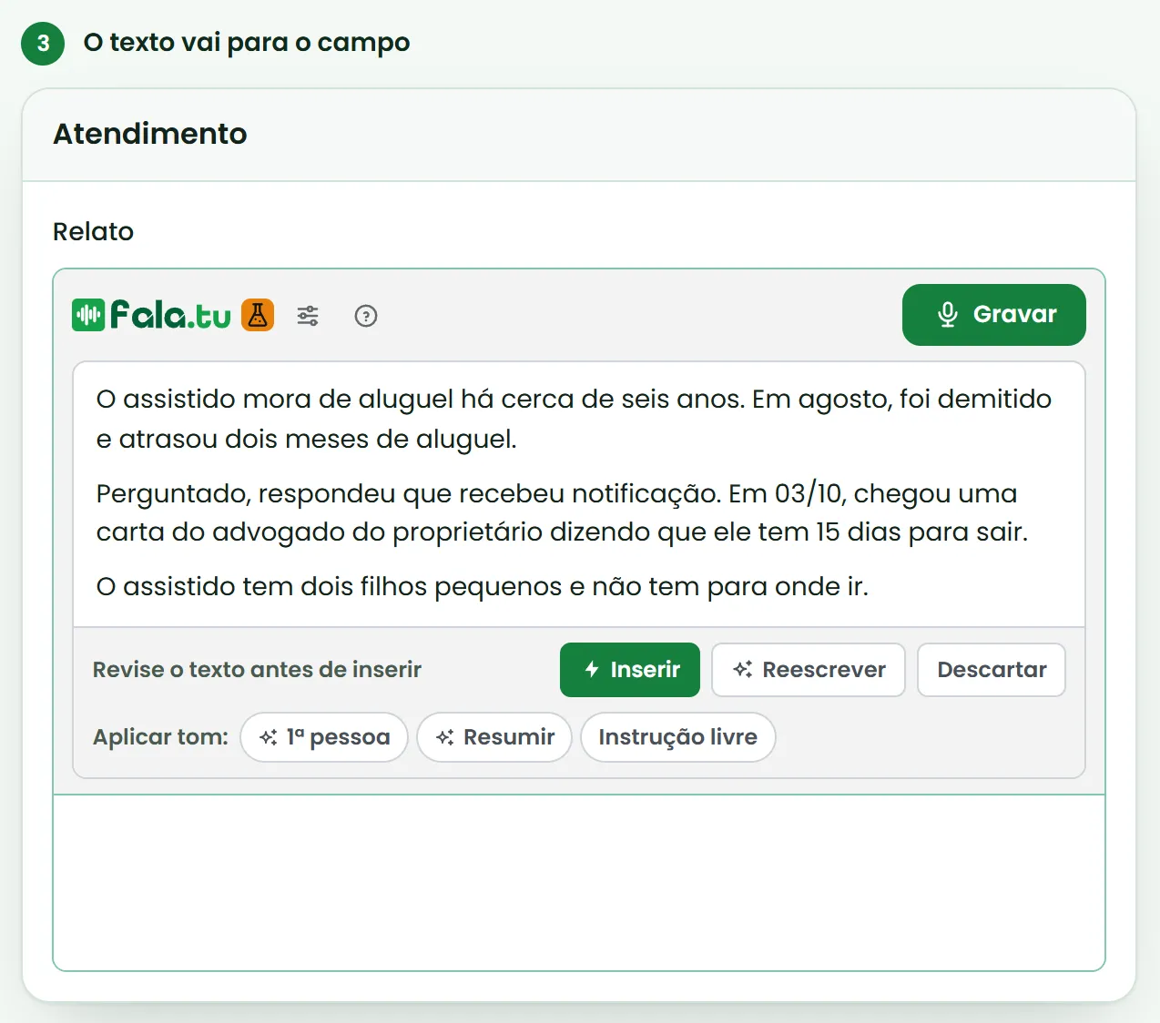 O relato pronto no campo do Portal, numa prévia para revisar antes de inserir