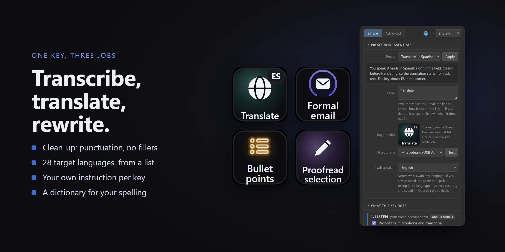 One key, three jobs: transcribe, translate and rewrite, next to the settings panel