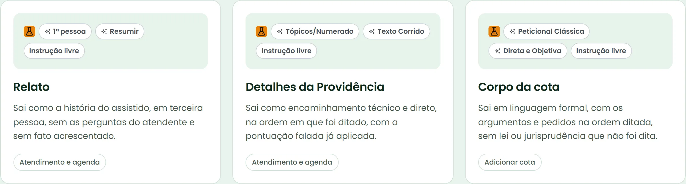 Relato, detalhes da providência e corpo da cota: cada campo sai de um jeito