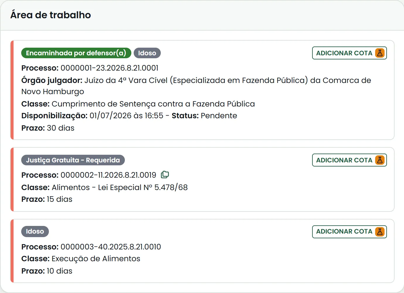 A área de trabalho com o botão Adicionar cota em cada intimação