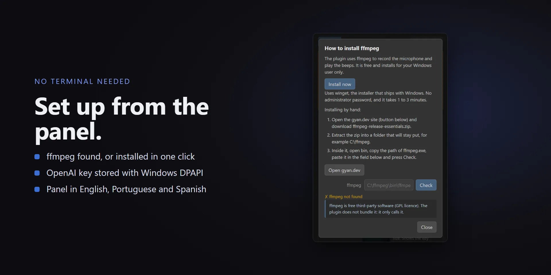 Set up from the panel: ffmpeg is found or installed in one click