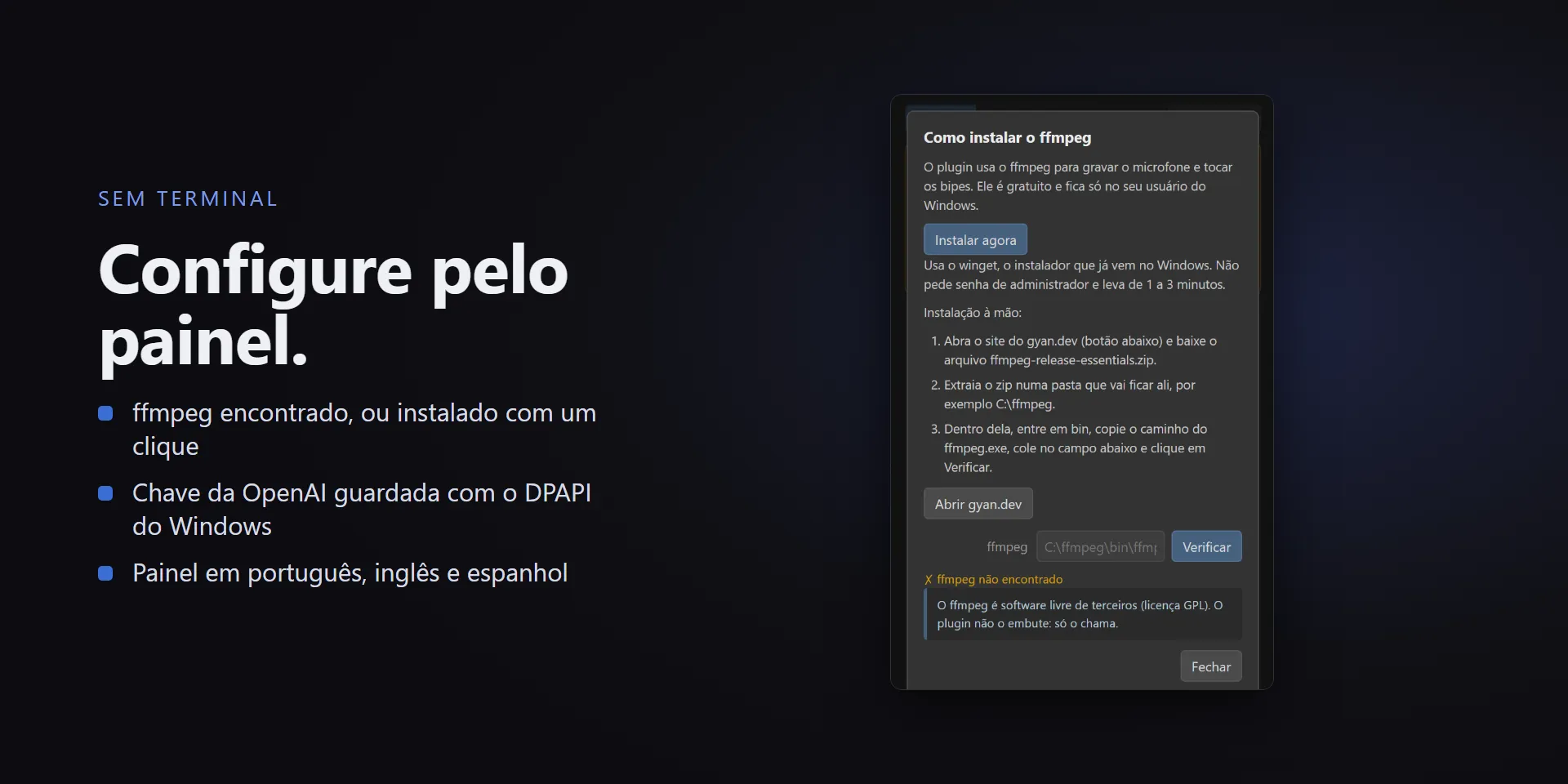 Configuração pelo painel: o ffmpeg é encontrado ou instalado com um clique