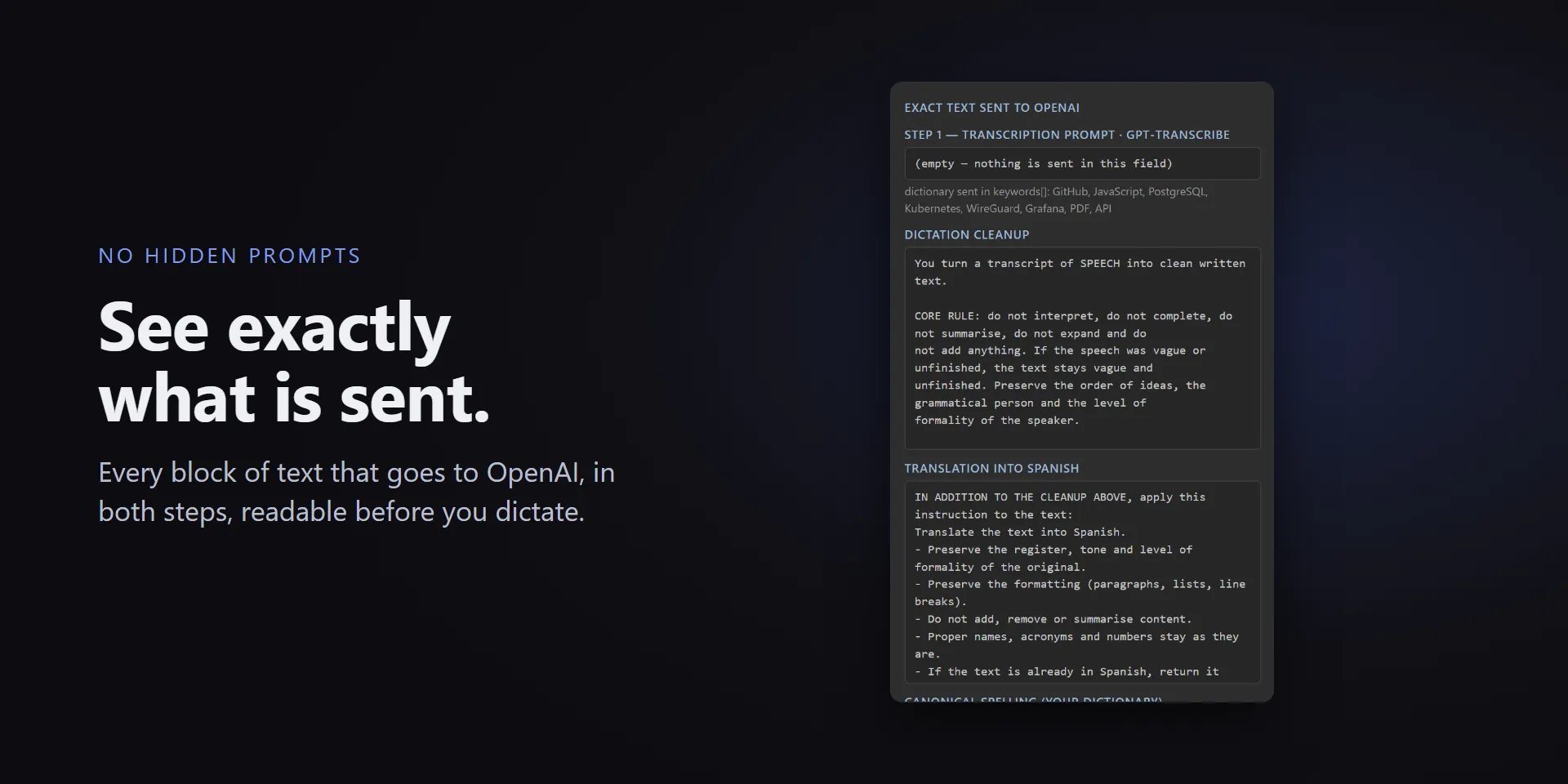 No hidden prompts: the exact text sent to OpenAI in both steps