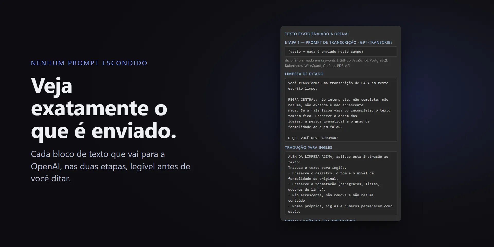 Nenhum prompt escondido: o texto exato que vai para a OpenAI nas duas etapas