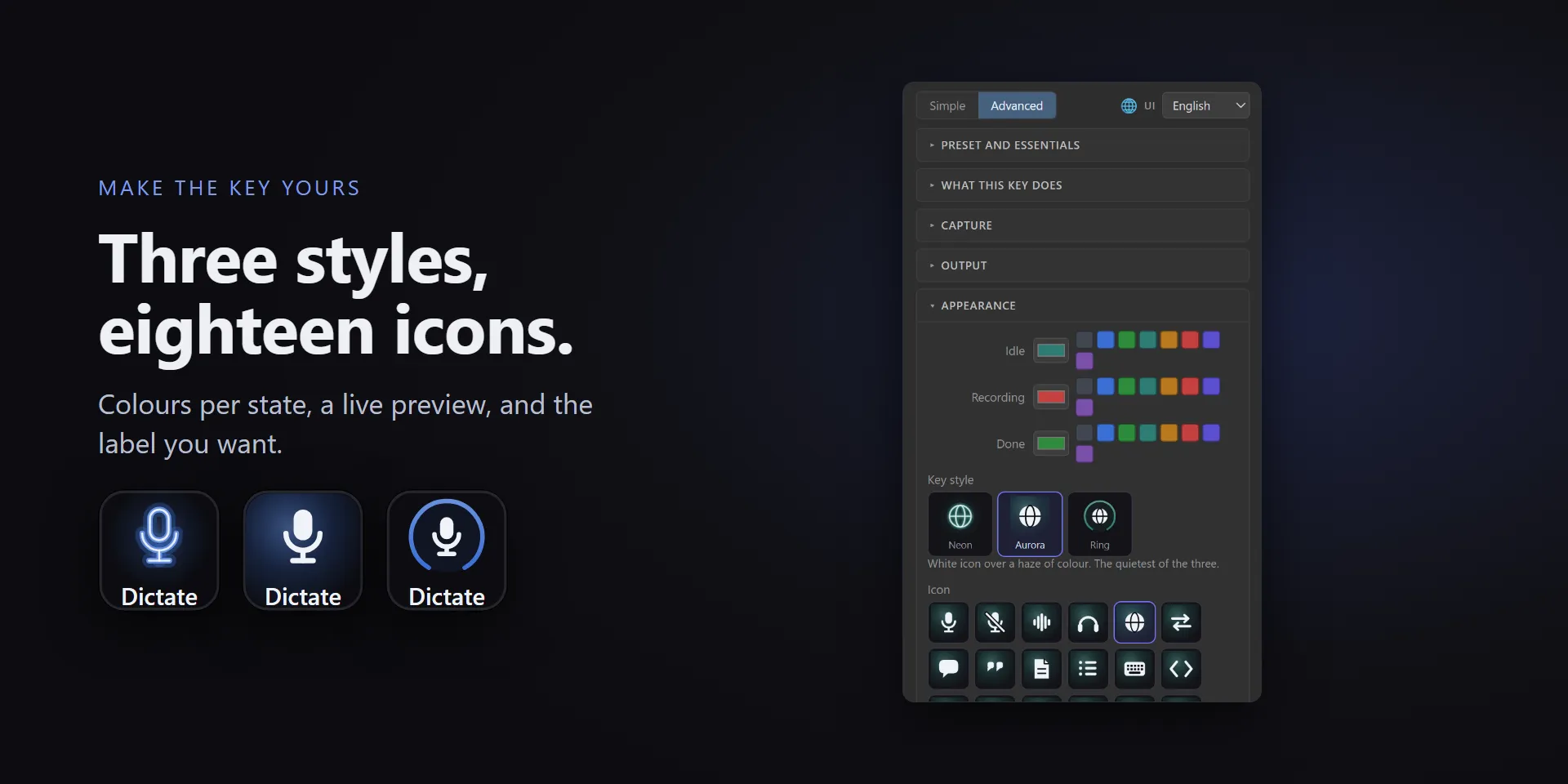 Three key styles and eighteen icons, with a live preview